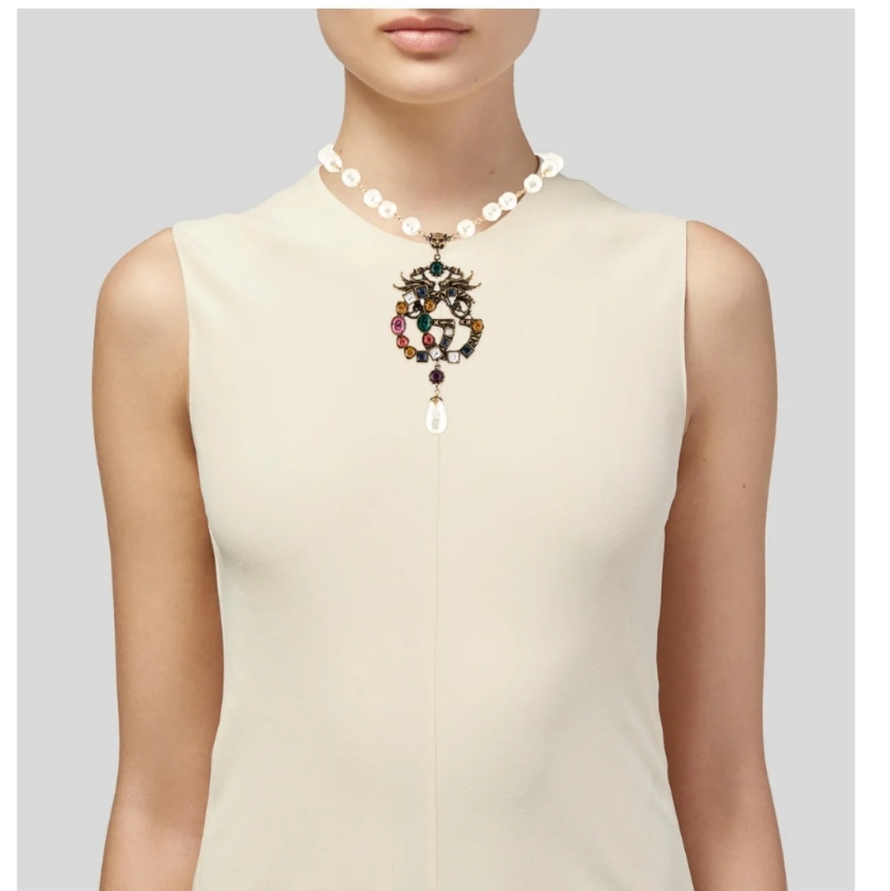 Gucci Crystal Pearl Marmont Dragon  Necklace